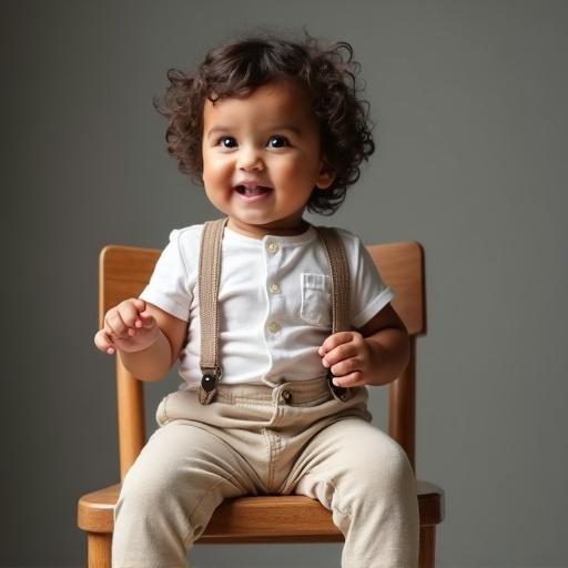 Image features a confident three-year-old child sitting on a chair. Child is smiling and appears engaged as if talking. Wearing a casual outfit with suspenders.