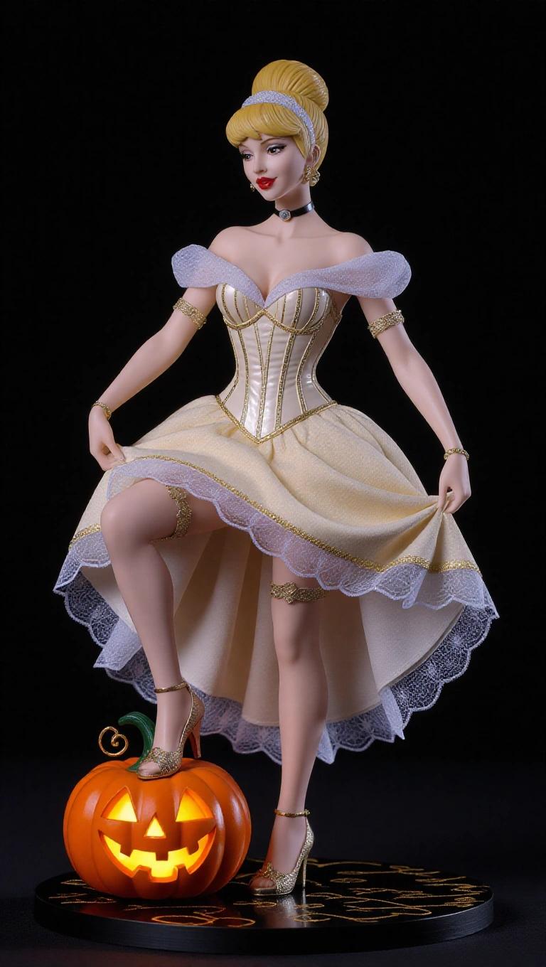 Detailed resin figure inspired by Cinderella. Elegant woman stands with one leg on a magical pumpkin. She adjusts her garter belt, slightly arched back. Corset with sweetheart neckline, lace details in ivory and gold. Short tulle skirt shows leg and garters, wearing fancy heels. Long hair flows down, possibly adorned with a tiara. Base features broken pumpkin, floating petals, half-open pocket watch, and crystal shards. Strong visual presence from every angle.