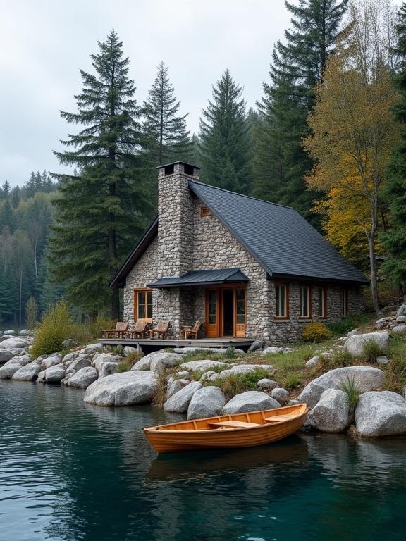 Image features a serene lakeside scene. Central focus is a stone cottage. The cottage has rounded gray-brown stones. It has a steeply pitched dark shingle roof. A stone chimney is on the left side. Windows have wooden frames. Glass door leads to a porch with wooden chairs. Surroundings include rocky terrain and patches of grass. A small wooden rowboat is moored at the lake's edge. The boat is light brown with a smooth finish. Lake water reflects blue skies and trees. Shoreline has large gray rocks. Background is dense forest with tall trees. Trees include evergreens and deciduous trees with autumn hues. Sky is a soft gray-blue with light clouds. Overall atmosphere is peaceful and tranquil.