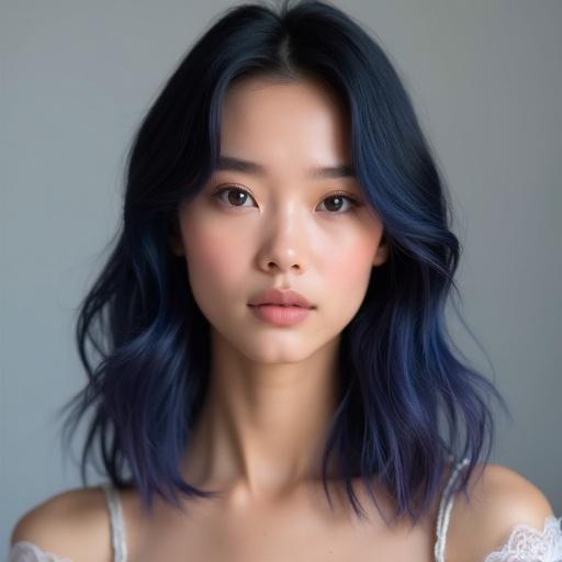 A 25-year-old woman with shoulder-length to mid-back wavy hair in deep blue-black with subtle violet undertones. The hair has a natural flow and softness, framed by soft waves. She has a calm expression and harmonious facial features with symmetrical proportions. Skin glows with a delicate, translucent quality under soft lighting. High-resolution style appears nearly photorealistic. Neutral studio backdrop enhances the ethereal quality.