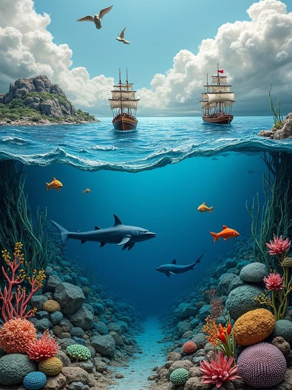 An oceanscape made entirely out of clay. Above the water are two ships and birds flying. Below the water are fish, coral, dolphins, sharks, and seaweed.