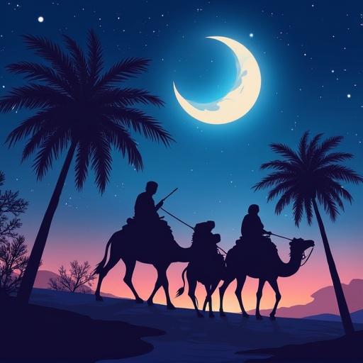 Silhouettes of two riders on camels against a night sky with stars and a crescent moon. Palm trees in the foreground. Vibrant colors at dusk.