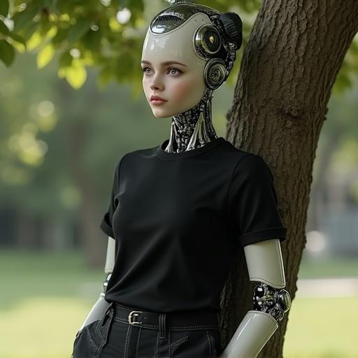 Photo-realistic lifelike humanoid female robot wearing a black uniform classic fabric t-shirt. Robot leans against a tree with one hand, other hand on her side. View from the front from the knees up. Face is flesh-like.