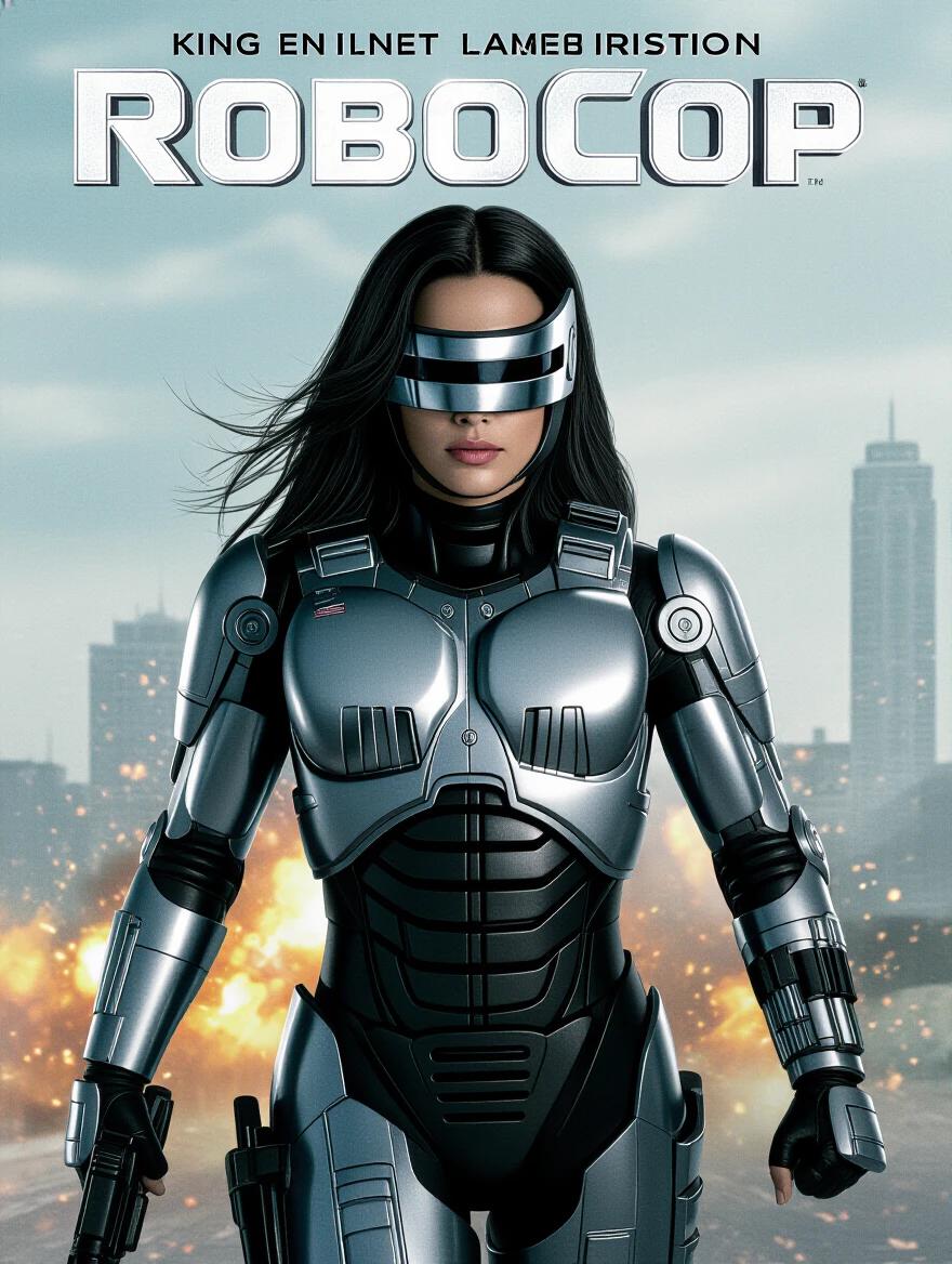 Movie poster featuring a female character in a futuristic chrome suit. Long black hair and visor. Holding a gun. Explosions in the background. Center of the image. Epic presentation.