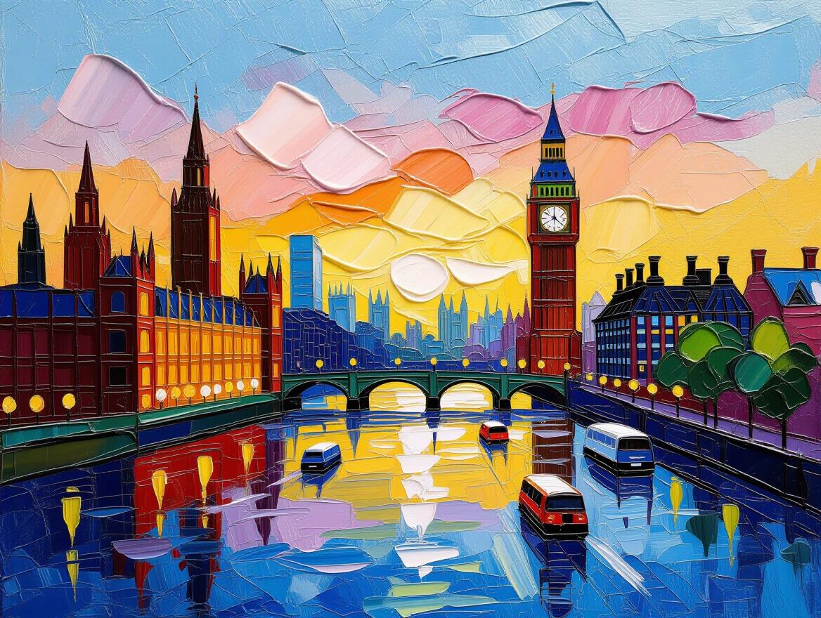 Highly textured encaustic impasto painting of London in the morning with thick brushstrokes showing three-dimensional relief.