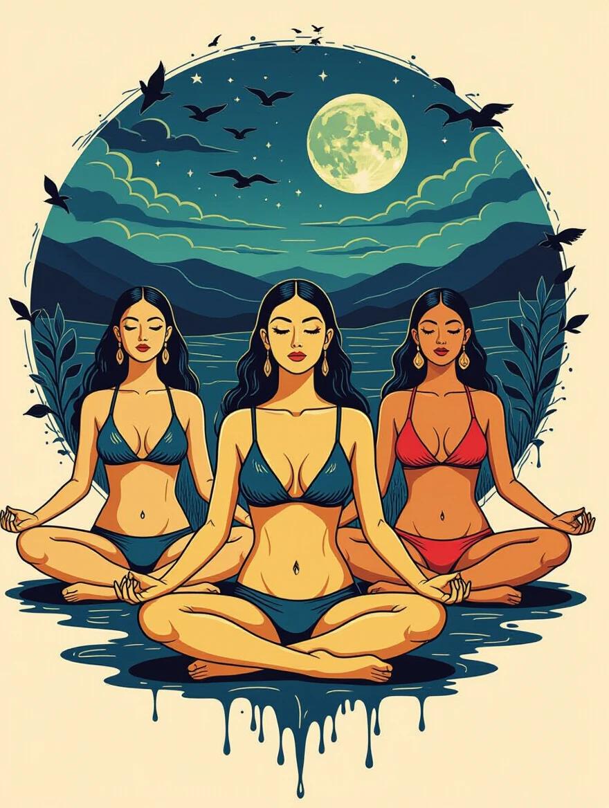 Three women perform yoga poses in water. Full moon shines bright above. Background features mountains and a night sky with birds. Women wear swimwear and are focused on meditation. Artistic style inspired by surrealism and impressionism.