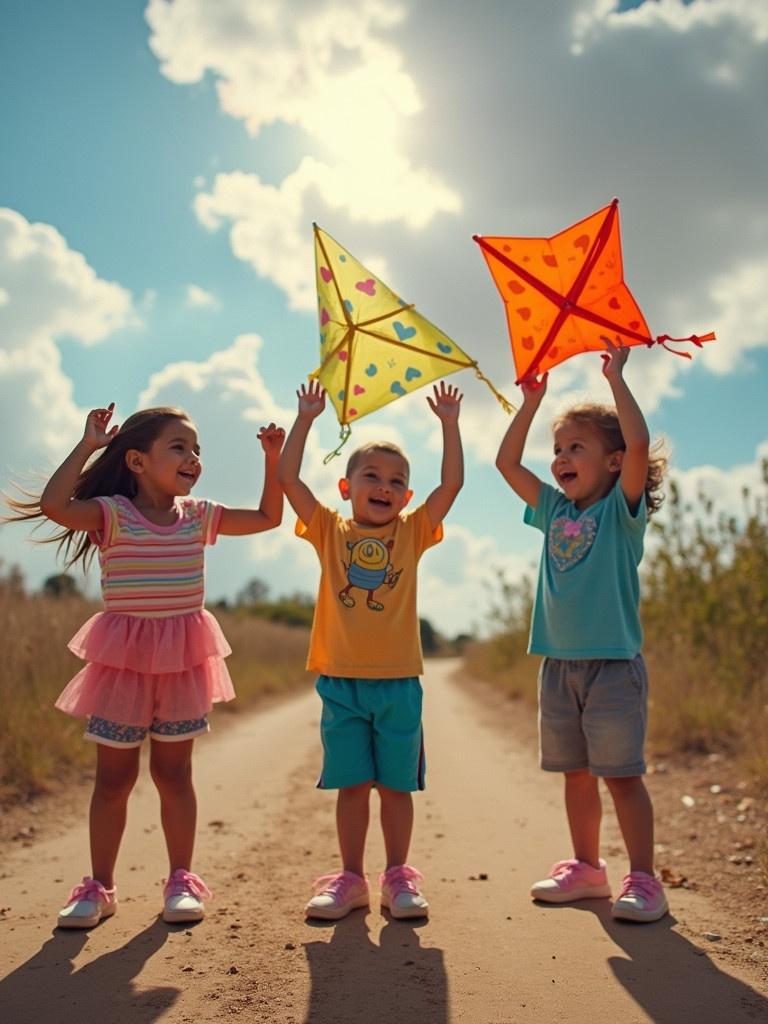 Children with colorful kites playing outdoors on a sunny day. Three kids are smiling while holding kites above their heads. The scene captures happiness and carefree childhood moments.