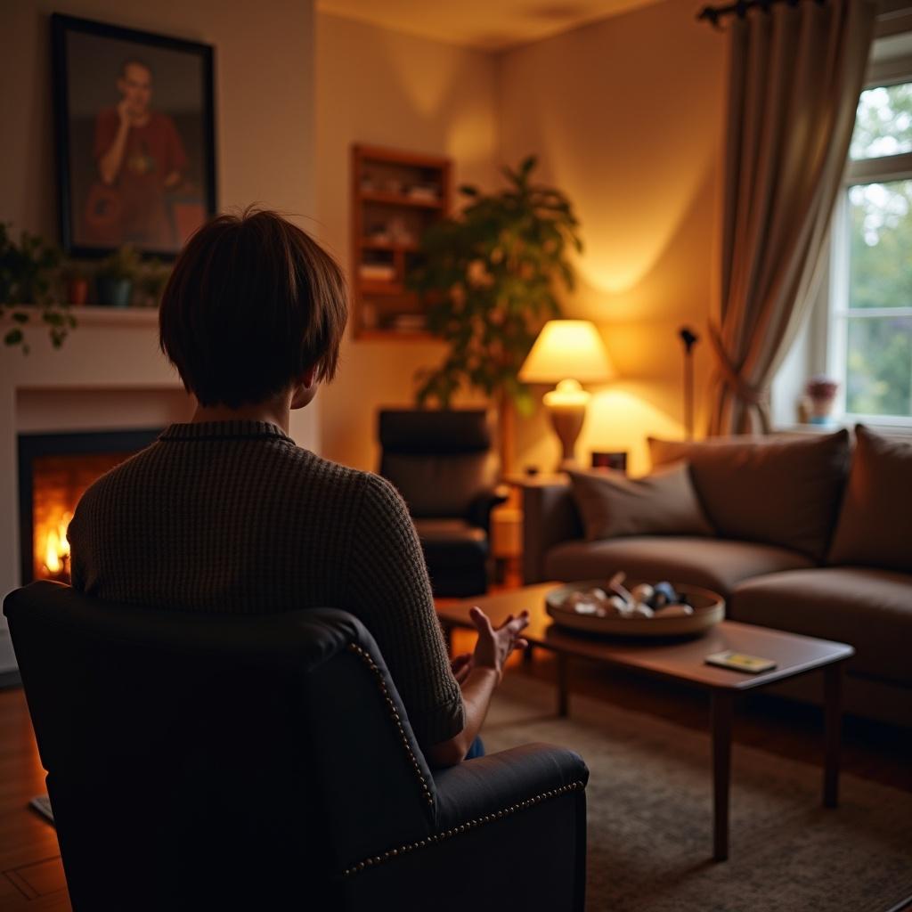 A cozy living room setting with a person sitting and speaking passionately. Features warm lighting and inviting decor, with a speaker in front.