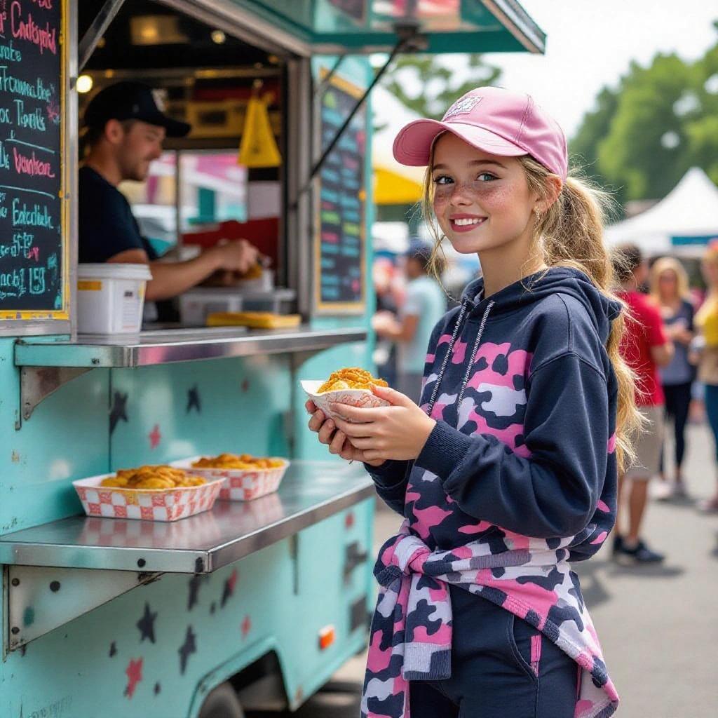 Brianna Jr is at her first music festival. She is at a food-truck buying lunch. Her long light-blonde hair is tied in a ponytail. She wears a dark pink baseball cap and dark-pink camouflage shirt. A pink tracksuit hoodie is tied around her waist. She has navy-blue tracksuit pants and dark-pink camouflage Hunter wellies.
