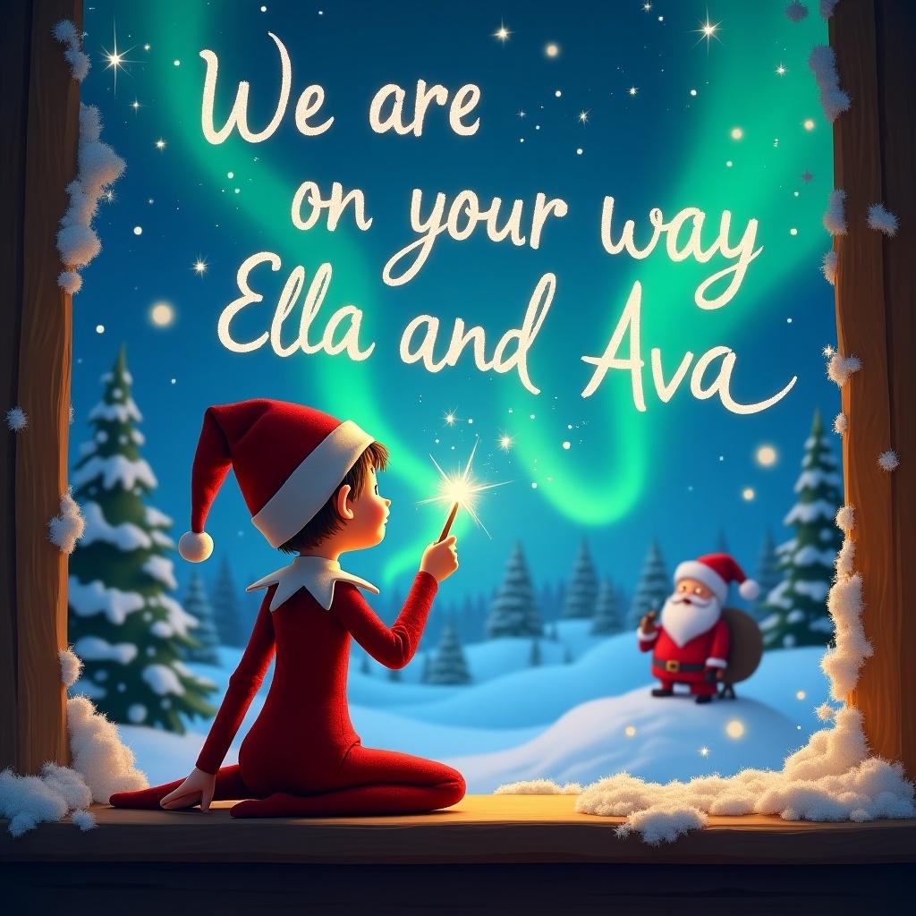 The image features an elf on the shelf, facing away, as he uses a magical wand to write a message in the night sky. The message reads, 'We are on your way Ella and Ava'. The background is filled with a beautiful winter scene, showcasing the northern lights illuminating the snowy landscape. In the distance, Santa Claus is visible, adding to the festive atmosphere. The entire scene conveys joy and the magic of Christmas, inviting viewers into a whimsical holiday moment.