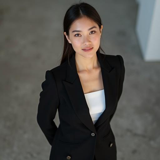 A young woman wears an elegant office dress. The photograph is taken from a bird's-eye view. The setting is stylish and sophisticated.