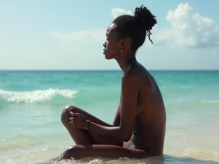 A beautiful woman sitting in shallow water at the beach. She has dark skin and is positioned gracefully. Ocean waves softly surround her. The background is a serene sky with clouds.