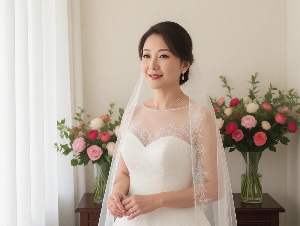 A middle-aged woman stands in a wedding dress with a veil. Flowers are in the background. The setting is bright and elegant. The woman looks poised and happy.