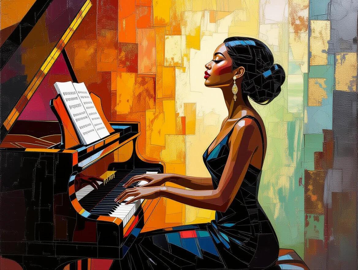 Woman in black dress plays piano at concert. Rich dark complexion. Elegant fingers dancing on keys. Gazing upward. Surrounded by vibrant colors and textures. Warm golden and earthy tones used in artwork. Abstract and emotive style inspired by modern artists.