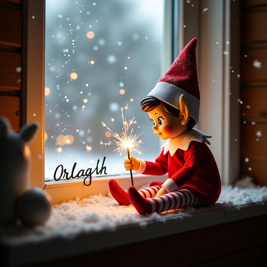 A cute elf on the shelf girl is sitting on a window ledge, playing with a sparkler. She has bright features and a joyful expression as she writes the name 'Orlagh' with the sparkler's light. Snow falls gently outside the window, creating a winter wonderland scene. The ledge is adorned with soft snow, enhancing the festive atmosphere. The elf's red and white outfit adds to the charm of the scene, making it feel warm and inviting during the holiday season.