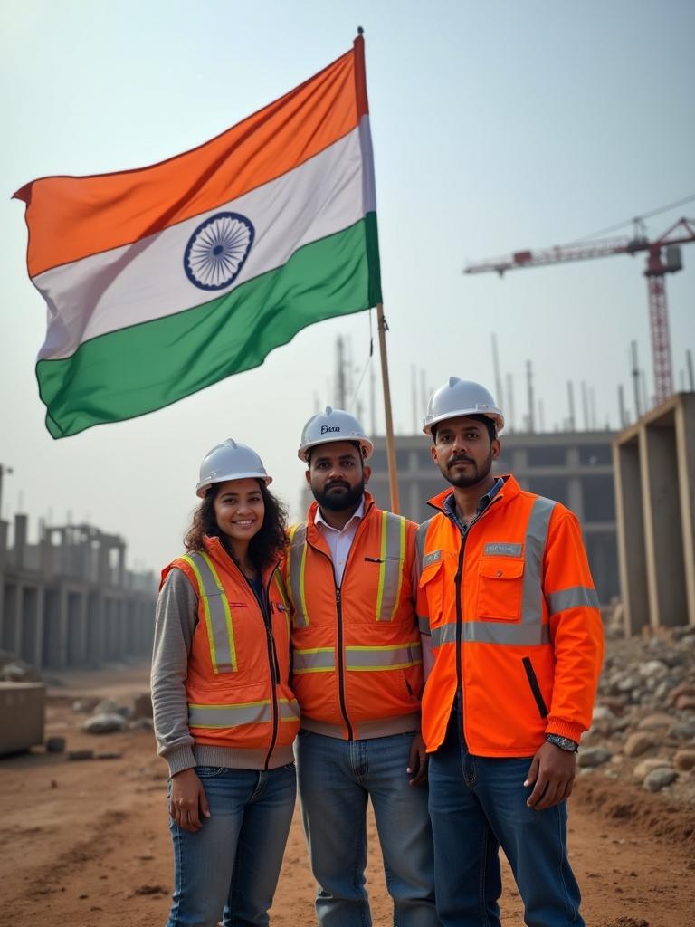 Workers celebrating a national holiday. An Indian flag is held high. They wear construction uniforms and helmets. Construction site backdrop with building structures. Ground is earthy with stones.