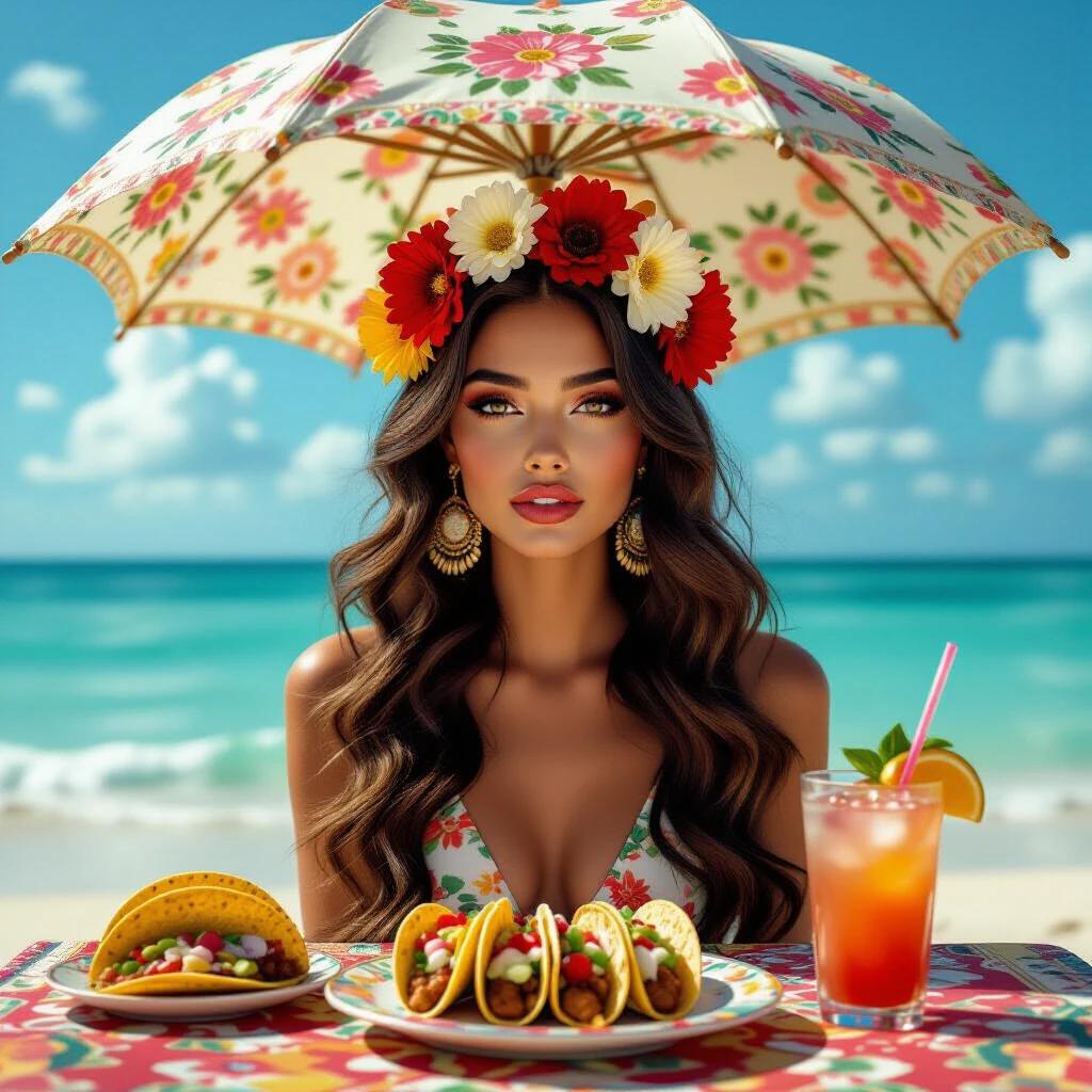 A woman sits under a floral parasol by the ocean. Long wavy hair and a crown of flowers adorn her head. A richly textured table holds colorful tacos and a refreshing drink. Ocean waves lap gently at the shore. Warm light creates a tropical atmosphere.