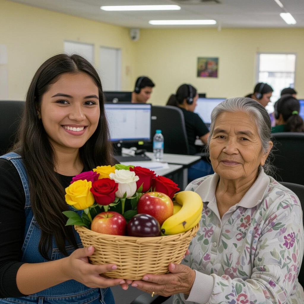 Young woman presents basket of flowers and fruits to elderly woman in an office setting. The women share a warm exchange. The background features a busy call center with employees at desks.