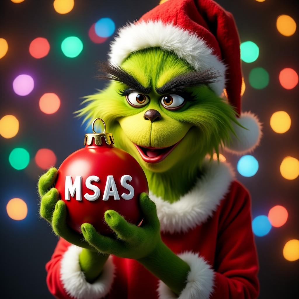 Grinch character holding a Christmas ornament with the name MSAS. Background has colorful Christmas lights.