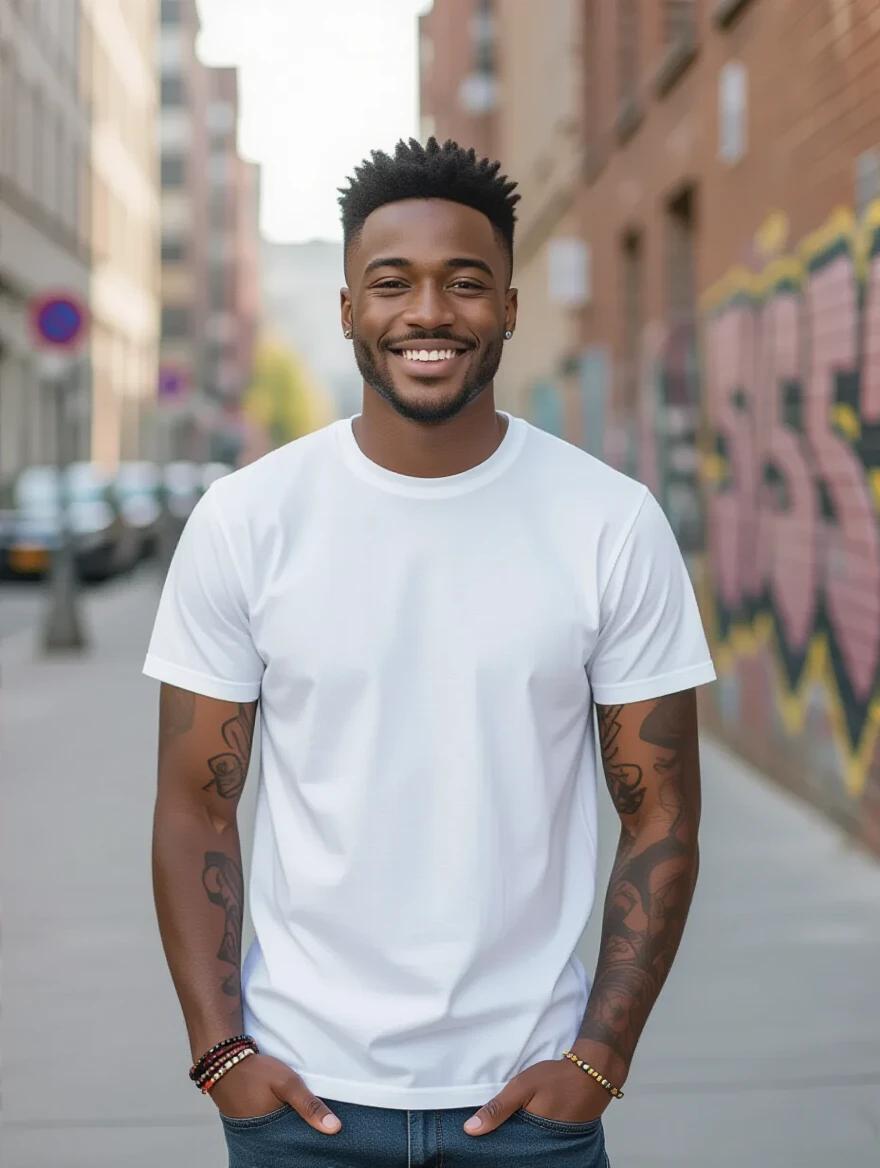 Stylish African man wears a white t-shirt. The setting is urban with buildings in the background. The model stands casually with a dynamic pose. Both arms feature colorful tattoo sleeves. Natural daylight illuminates the scene. T-shirt looks smooth and realistic. Empty front area allows for branding and designs.