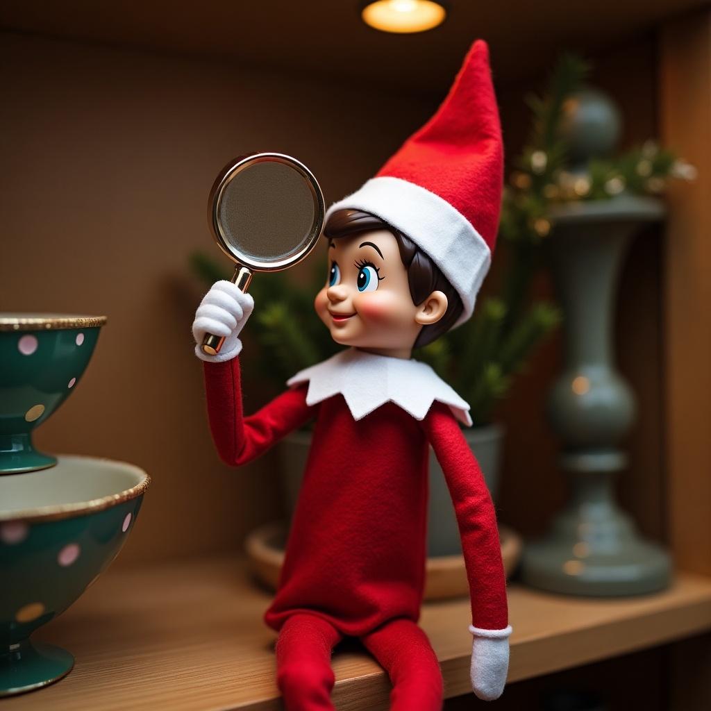 Elf on the shelf sits with back to the viewer. Elf wears traditional red and white outfit. Elf holds a magnifying glass in front and looks through it.