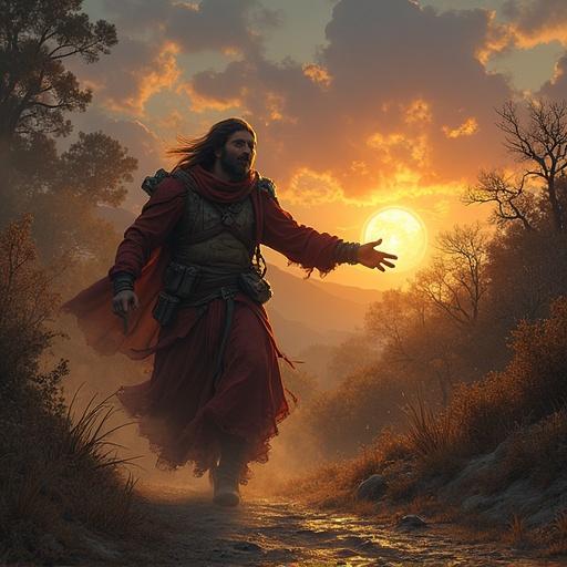 A heroic figure stands on a rocky path. A dramatic sunset is in the background. The landscape has trees and mountains. The figure is dressed in mythical attire. A sense of adventure is present.