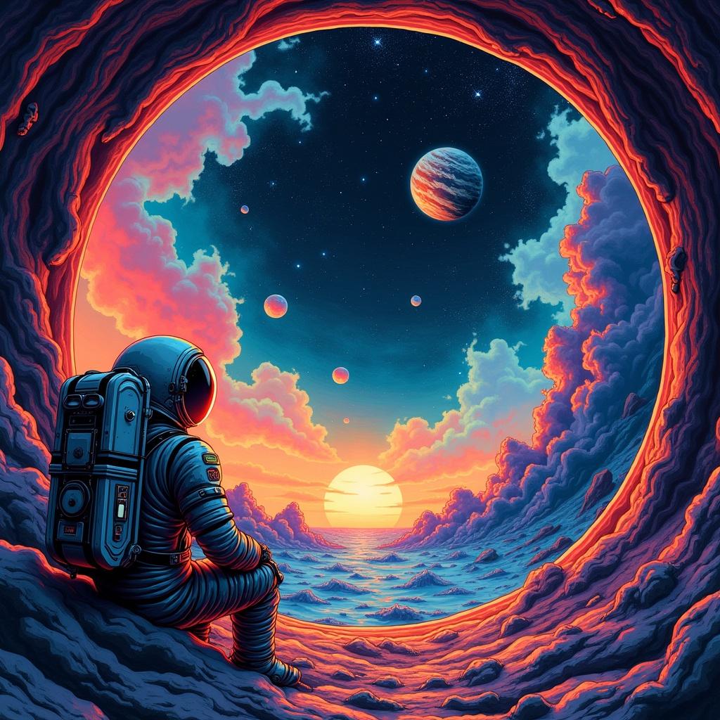 In this vibrant artwork, an astronaut sits gazing into the depths of space through a glass helmet. The scene is filled with colorful nebulas and drifting planets against a dark sky. Bold blues and fiery oranges create an electrifying atmosphere, reminiscent of the 70s manga style. The overall vibe captures the psychedelic essence of space exploration. This artwork evokes feelings of wonder and adventure in the cosmos.