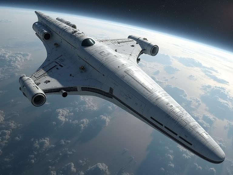 A huge white sci-fi spaceship with a smooth, sleek hull and deep grooves. The design is organic and slender, resembling a letter T shape. The spacecraft floats in space above a planet's atmosphere, showcasing realism in details, shadows, and reflections. The scene captures a largescale view of the craft in its environment.