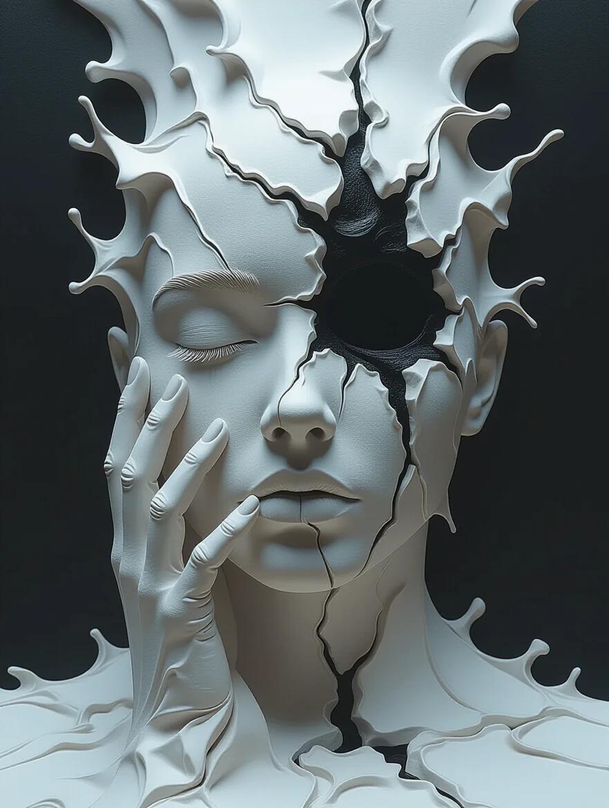 A 3D hand is tearing through a face canvas. The background is black. The artwork features intricate details. It captures a sense of chaos. The lighting is soft and cinematic.