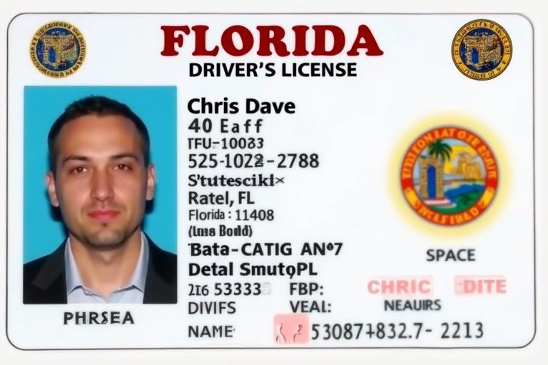 Image of a Florida driver's license featuring clear details and design elements. Includes a photo, personal information, an official state logo, and a color scheme typical of state-issued IDs. Layout is organized and easy to read, mimicking the authenticity of a government document.