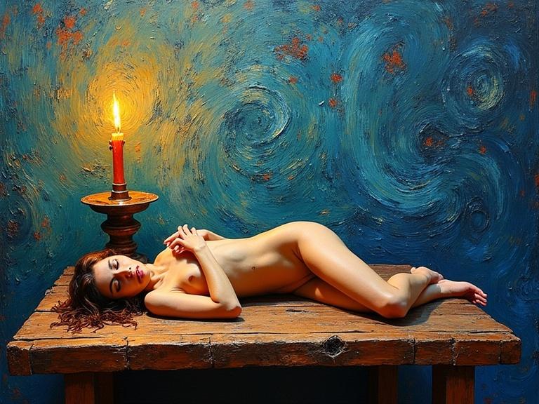 Vibrant still life arrangement featuring a rustic wooden table, nude woman, flickering candle, swirling textured wall painted in bold strokes, thick impasto brushstrokes, dynamic shadows.