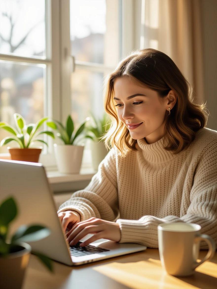 An adult woman works on a laptop. Natural daylight fills the room. Warm tones create an inviting atmosphere. A houseplant sits in the background. A coffee mug is placed beside the laptop. The scene feels peaceful and inspiring.