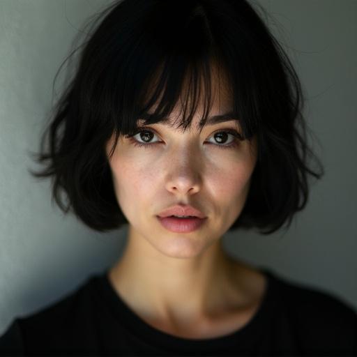 A woman with short black hair looks straight at the camera with an intense gaze. She wears a black top and has a captivating expression.