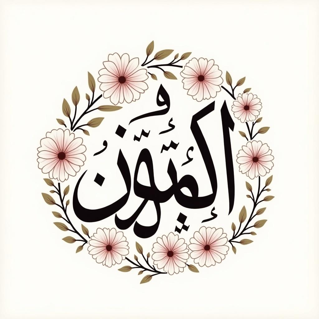 Beautiful Arabic calligraphy surrounded by floral designs. Calligraphic text in artistic style. Soft colors and elegant presentation.