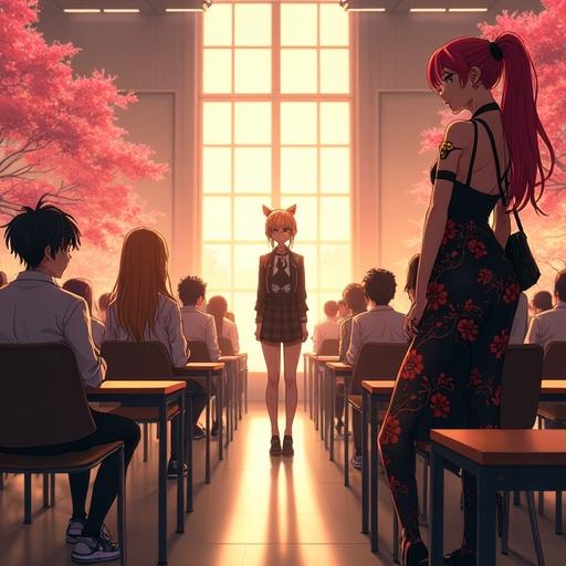 Anime scene set in 2037 during summer morning. Inside a luxurious high school classroom. Features light gold and onyx black color scheme. Students in rich and stylish outfits. Cherry blossoms visible outside. Teacher engaging with students.
