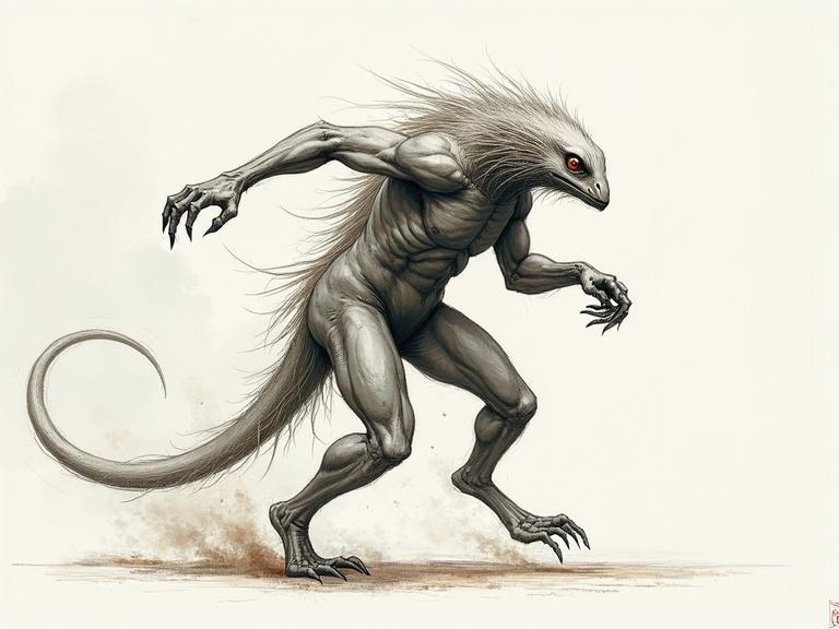 Technical drawing of a concept art featuring a quickling lord. This is a swift and powerful creature with features that embody speed and strength. The creature has a muscular form, elongated limbs, and a distinct head with piercing eyes. It is depicted in a menacing stance appropriate for its role in battles against speedy enemies.