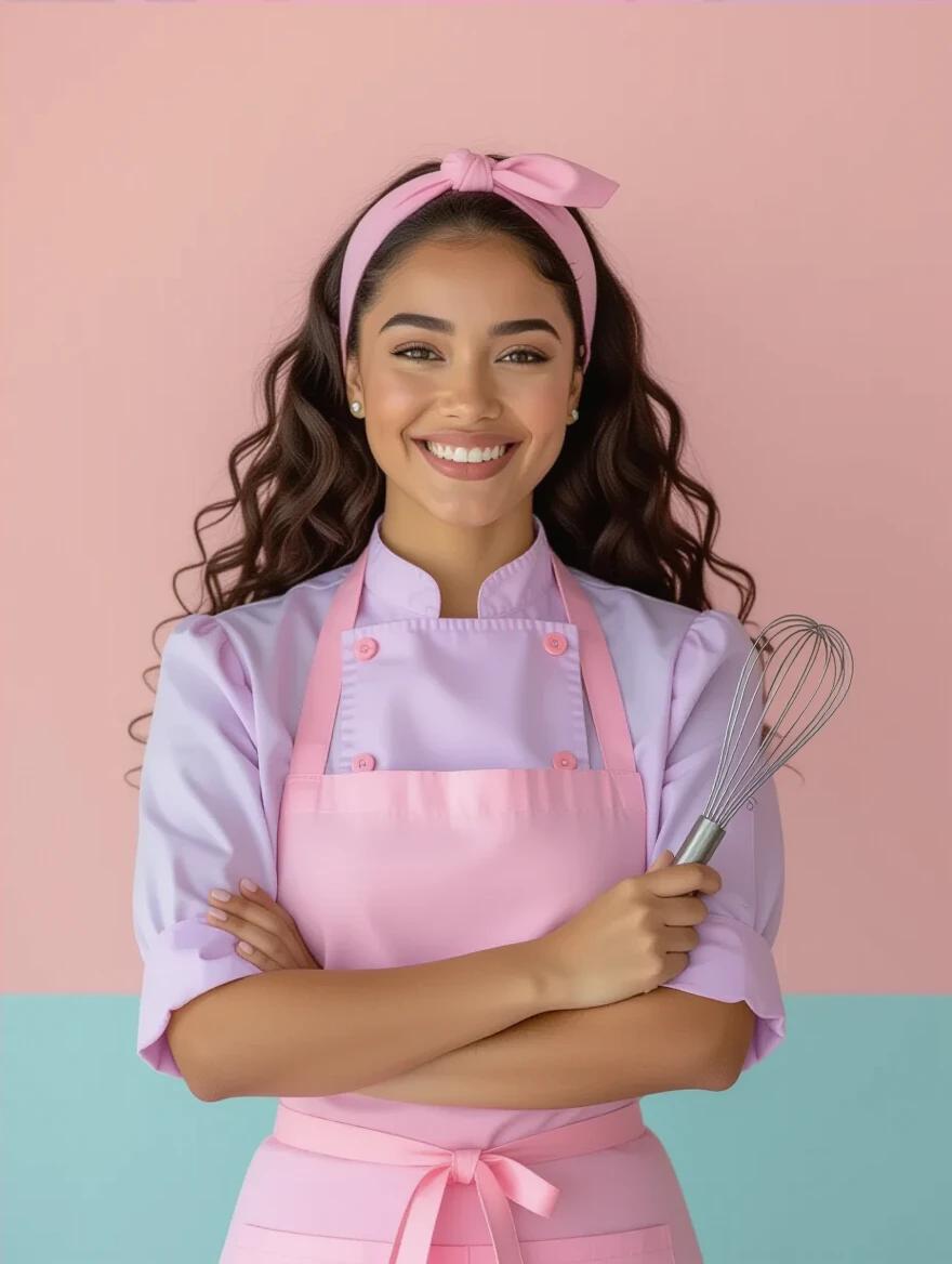 Portrait of pastry chef in pastel colors. She stands against pastel background. Long curly hair styled with pink headband. Wearing lilac blouse with pink buttons and pink apron. Holding a whisk confidently with crossed arms. Friendly professional expression. Studio lighting enhances the clean composition.
