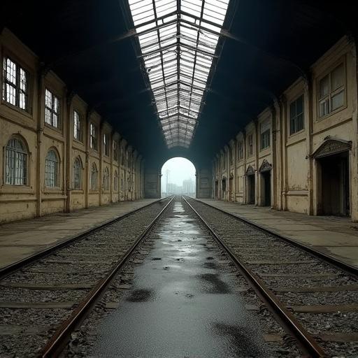 setting of an abandoned train station with train tracks leading to a misty opening. Walls are aged with peeling paint and windows are broken. Perspective highlights the long, narrow path of the tracks.