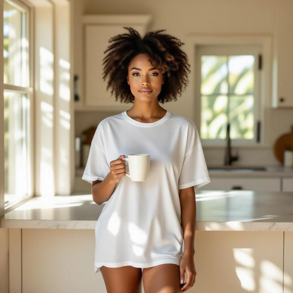 Full body portrait of a black woman standing barefoot. She wears an oversized transparent t-shirt and holds a white ceramic mug. Positioned to the right of a stone kitchen counter. Soft golden sunlight streams through a window casting shadows. Background features a closed door and cabinetry. Calm expression with direct eye contact. Cinematic lighting emphasizes textures and patterns.