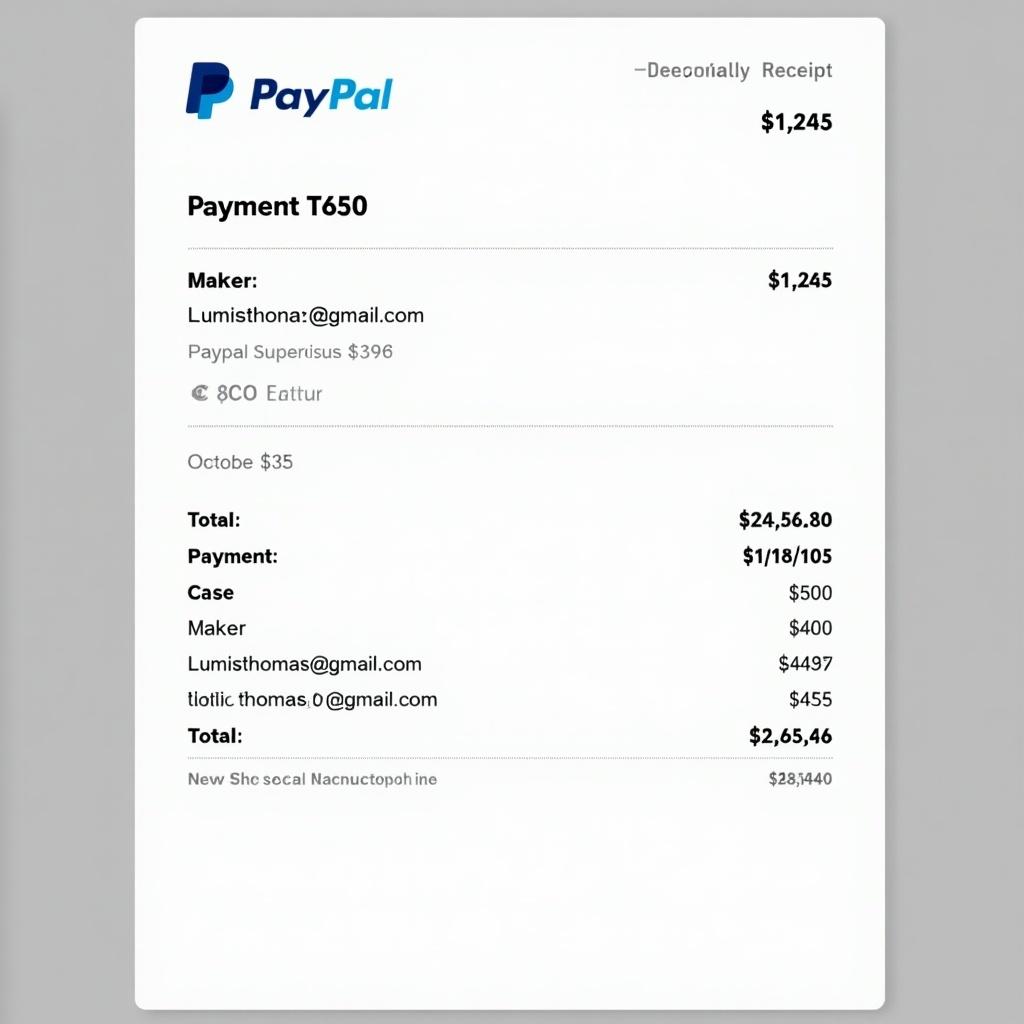 PayPal payment receipt showing total payment amount of $1,245. Receipt contains payment details including $500 made to Lumisthomas7@gmail.com. Includes additional financial information for maker and transaction record.