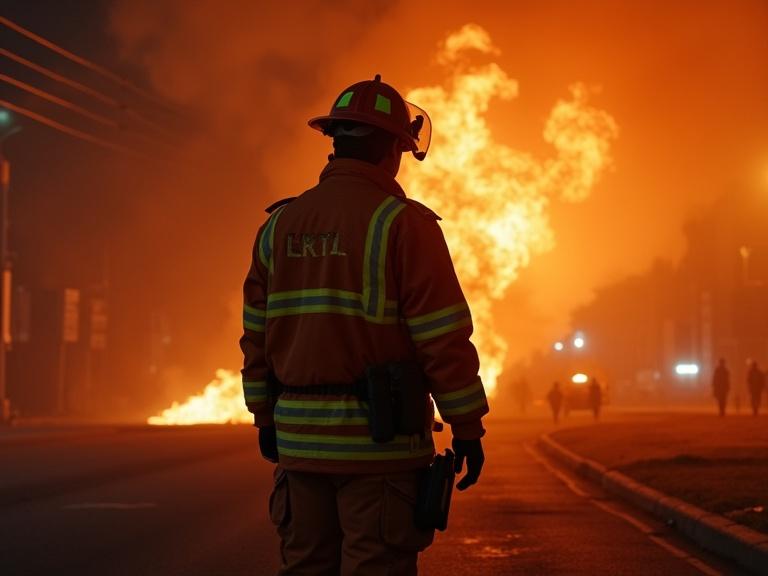 A firefighter stands with their back to the camera, facing a large fire. Flames and smoke fill the background, creating a dramatic scene. The firefighter is wearing protective gear, including a helmet, and appears engaged in assessing the situation.