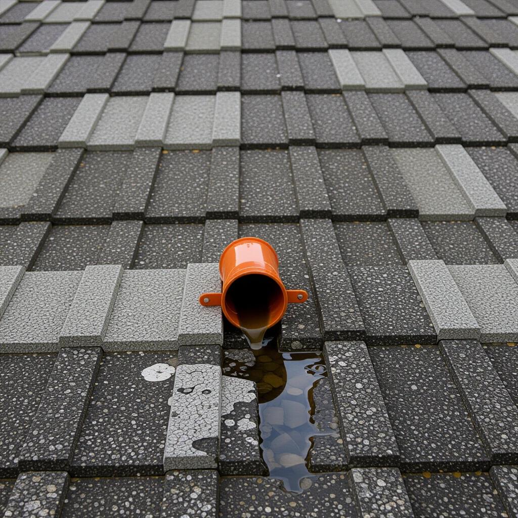 Roof featuring dirty gutters and an orange drainage pipe. Water pooling on tiles. Unclean surface needing maintenance.