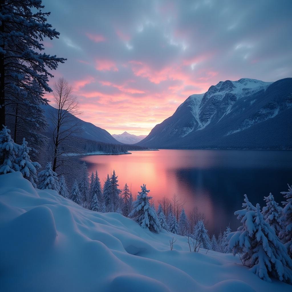 High detail 4k photography capturing a winter sunset scene in Norway with a serene lake surrounded by snow-covered mountains and trees.