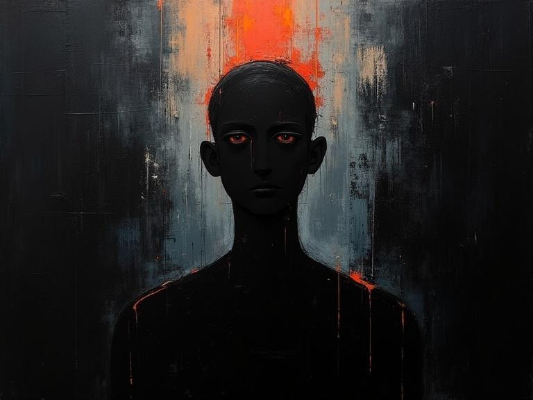 Digital oil painting featuring a black background. Artwork includes harsh paint strokes with absurdist and unfinished elements. Flat colors create a unique silhouette design. The minimalist style showcases formless shifting voids of color. Shadows combine with cubist influences.