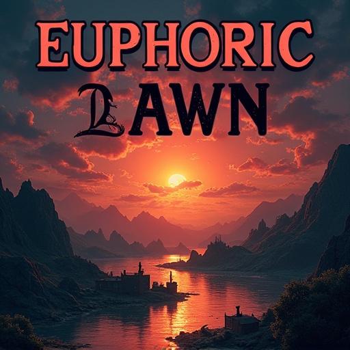 Album cover featuring the text Euphoric Dawn in a cool font. Landscape with a sunset over a lake surrounded by mountains.