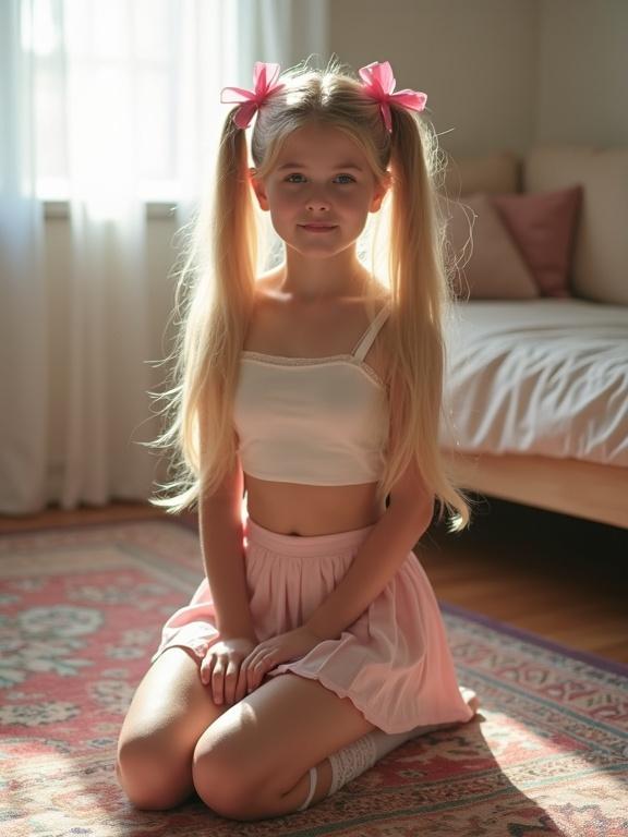 Teen with long blonde hair and pink bows kneeling on a colorful rug. The living room is softly lit. Wearing a crop top and pleated skirt with thigh-high socks. Simple black shoes. Natural beauty shines.