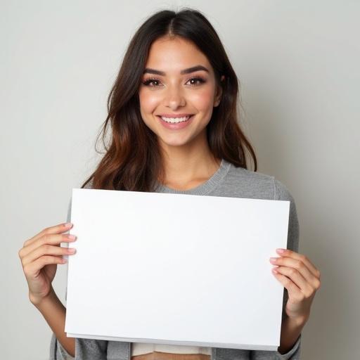 Half-length portrait of a cute girl smiling at the camera. She wears makeup with false eyelashes and lipstick. She holds a blank sign in front of her.
