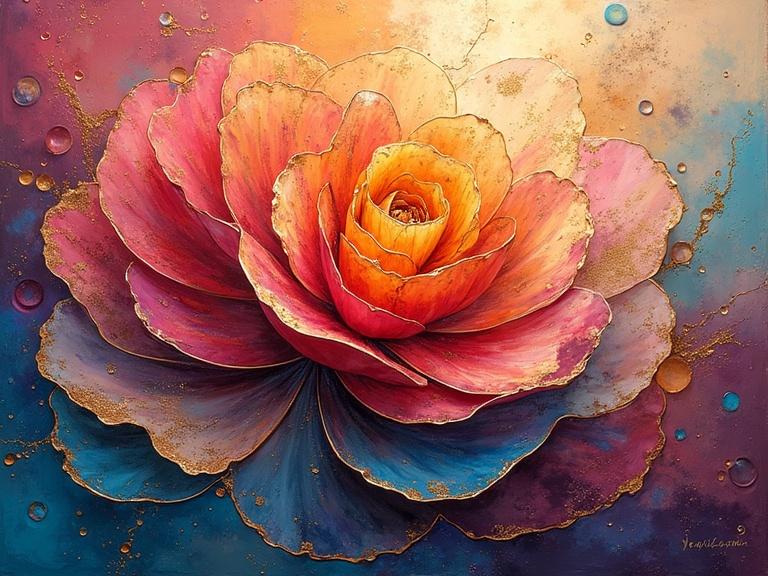 Abstract fluid art features a large flower with vibrant petals. Metallic colors enhance the design. Unusual organic shapes complement the flower. Background blends soft hues creating a dreamy effect.