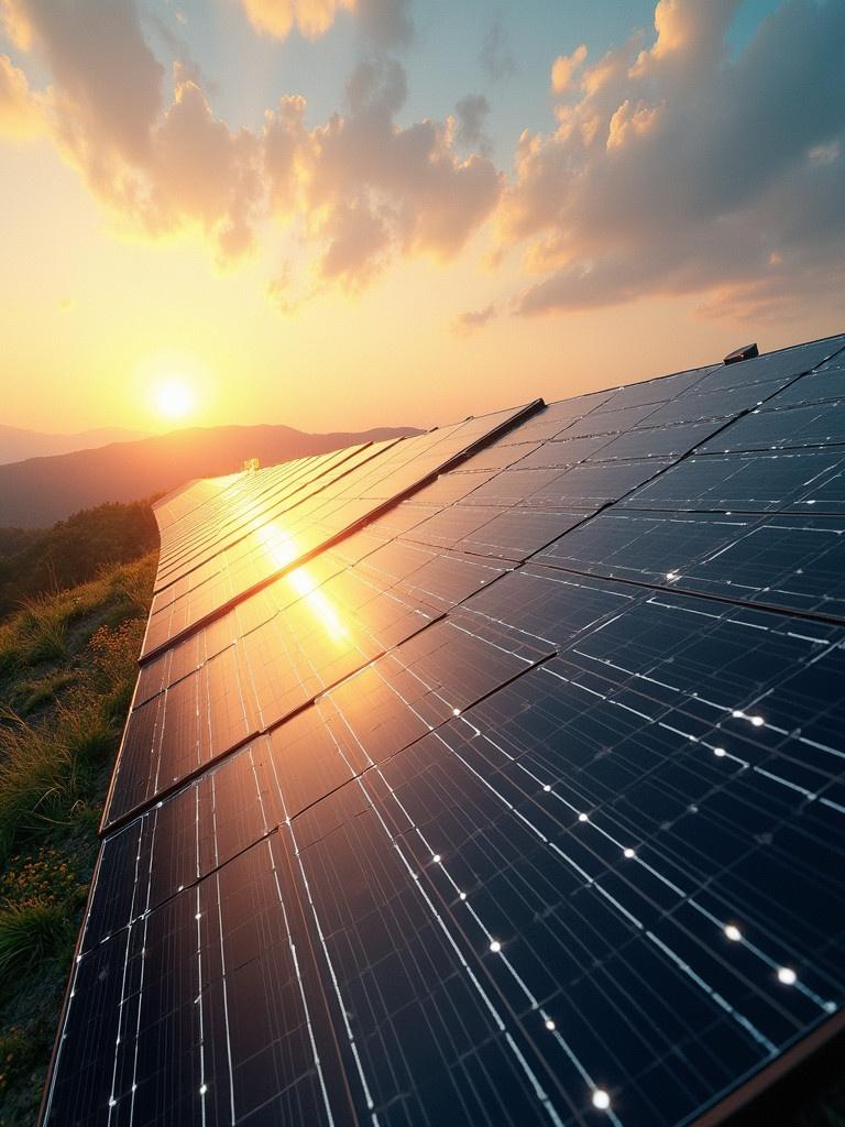 Solar panels on a hillside at sunset. Sunlight reflects off solar panels. A brilliant orange and blue sky in the background. Captures renewable energy theme and ecological sustainability.