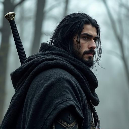 Younger warrior has a short black beard and long black hair. Wearing black cloak and black scarf. Sword is on his back. Misty forest background.